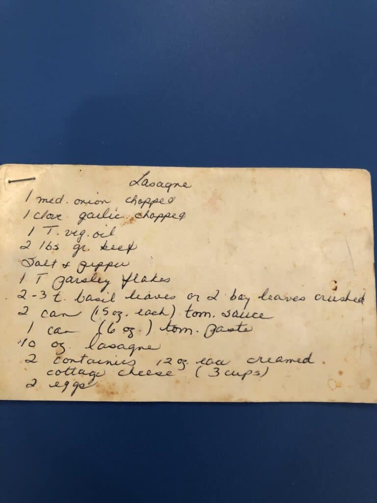 handwritten old lasagna recipe card