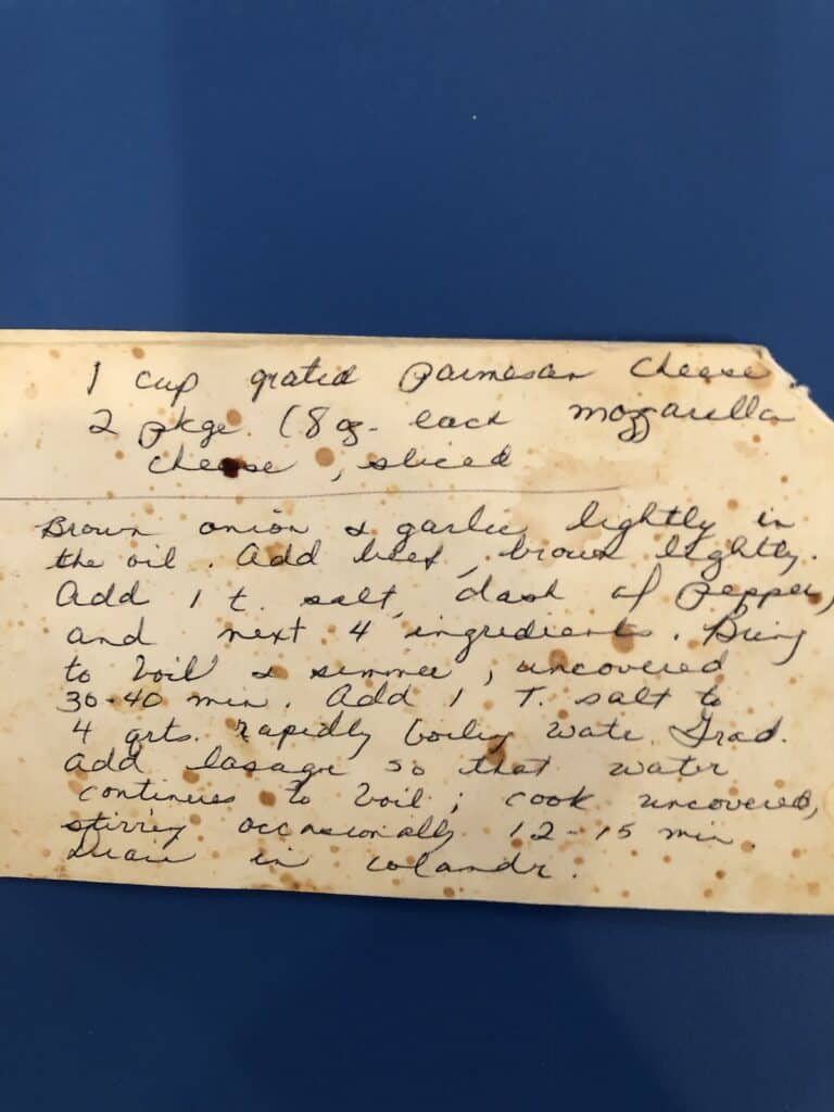 handwritten old lasagna recipe card