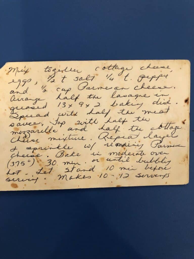 handwritten old lasagna recipe card