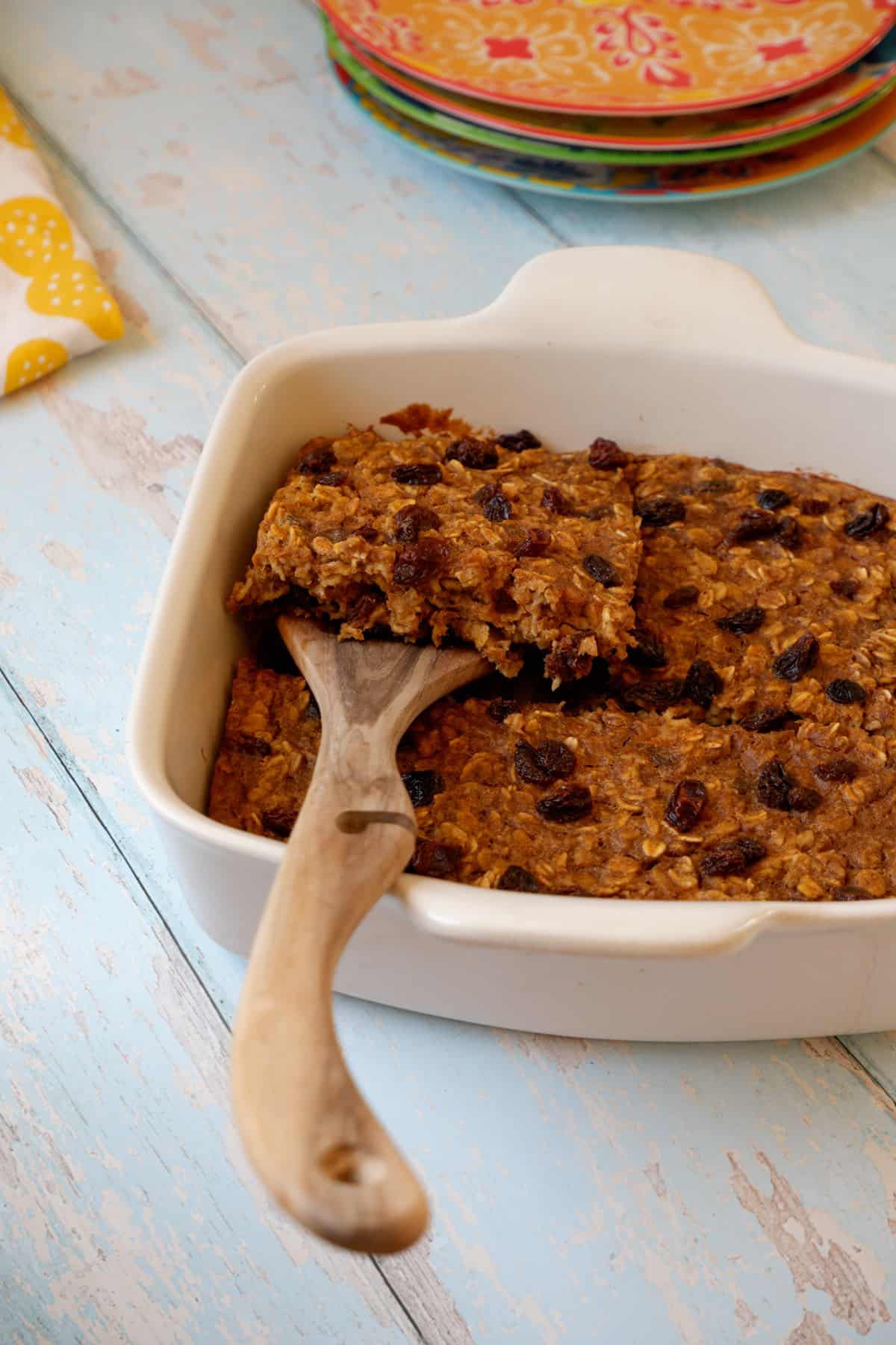 protein baked oats on wooden spatula